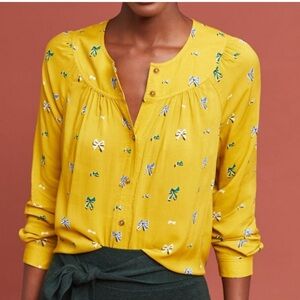 Anthropologie 26 of 52 Conversations Colloquial Yellow yoked Bow Blouse, Size 4